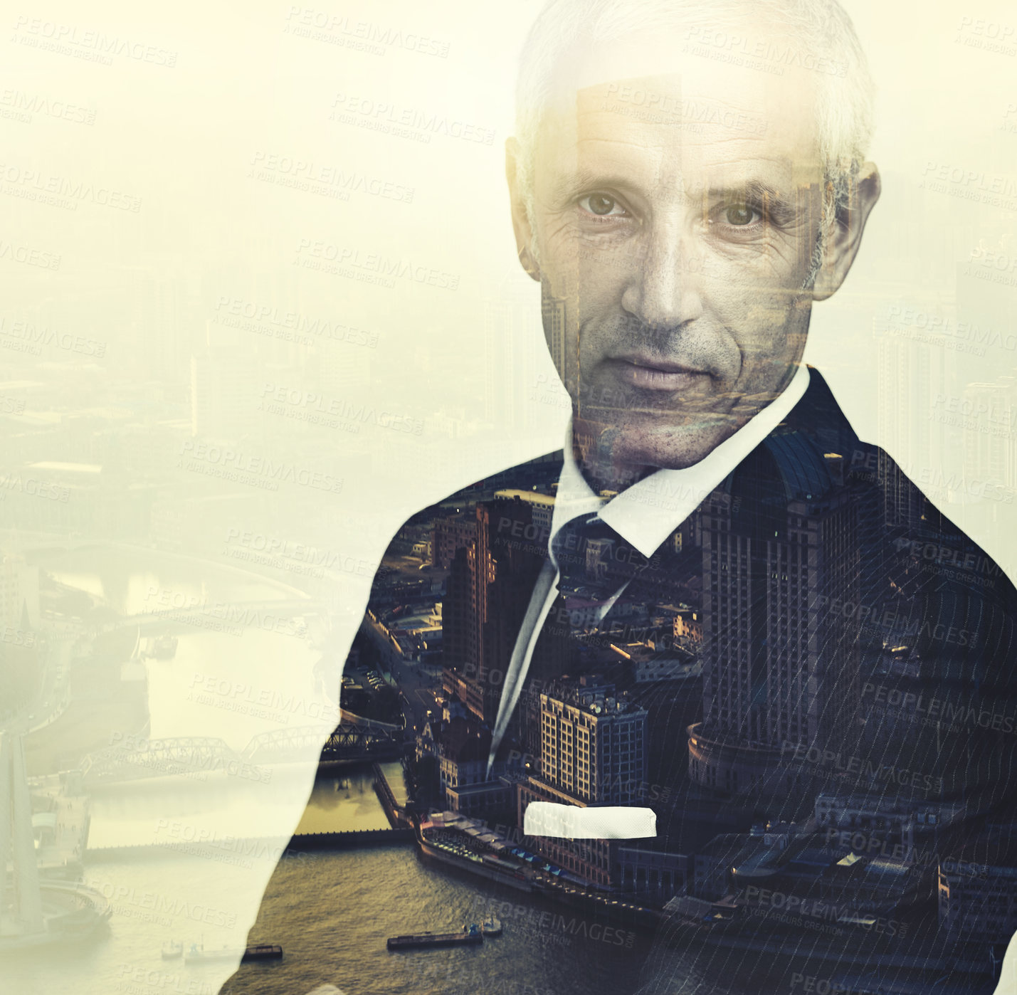 Buy stock photo Businessman, portrait and city for travel, urban and skyline for skyscraper and building on mockup. Corporate person or executive  and mature with suit for confidence and vintage for double exposure