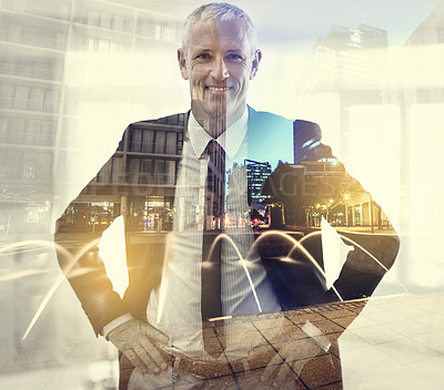 Buy stock photo Portrait, senior and businessman with city overlay in office with architecture, dream or building design goal. Face, smile or male architect with double exposure for urban, infrastructure or vision