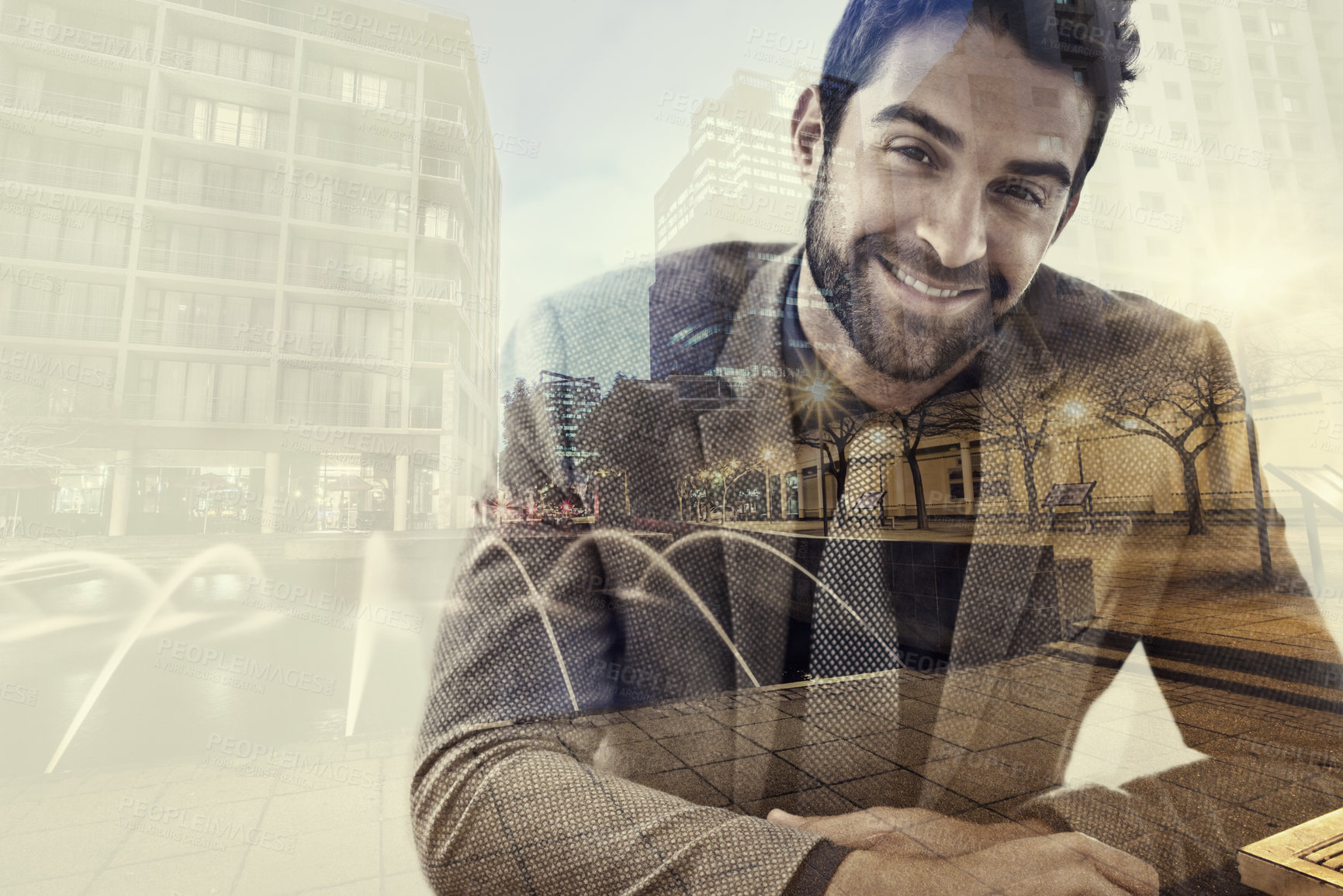 Buy stock photo Double exposure, portrait and young businessman by city background for confidence in career and happy in work. Face, smile and real estate agent for pride in job and realtor of property in urban town