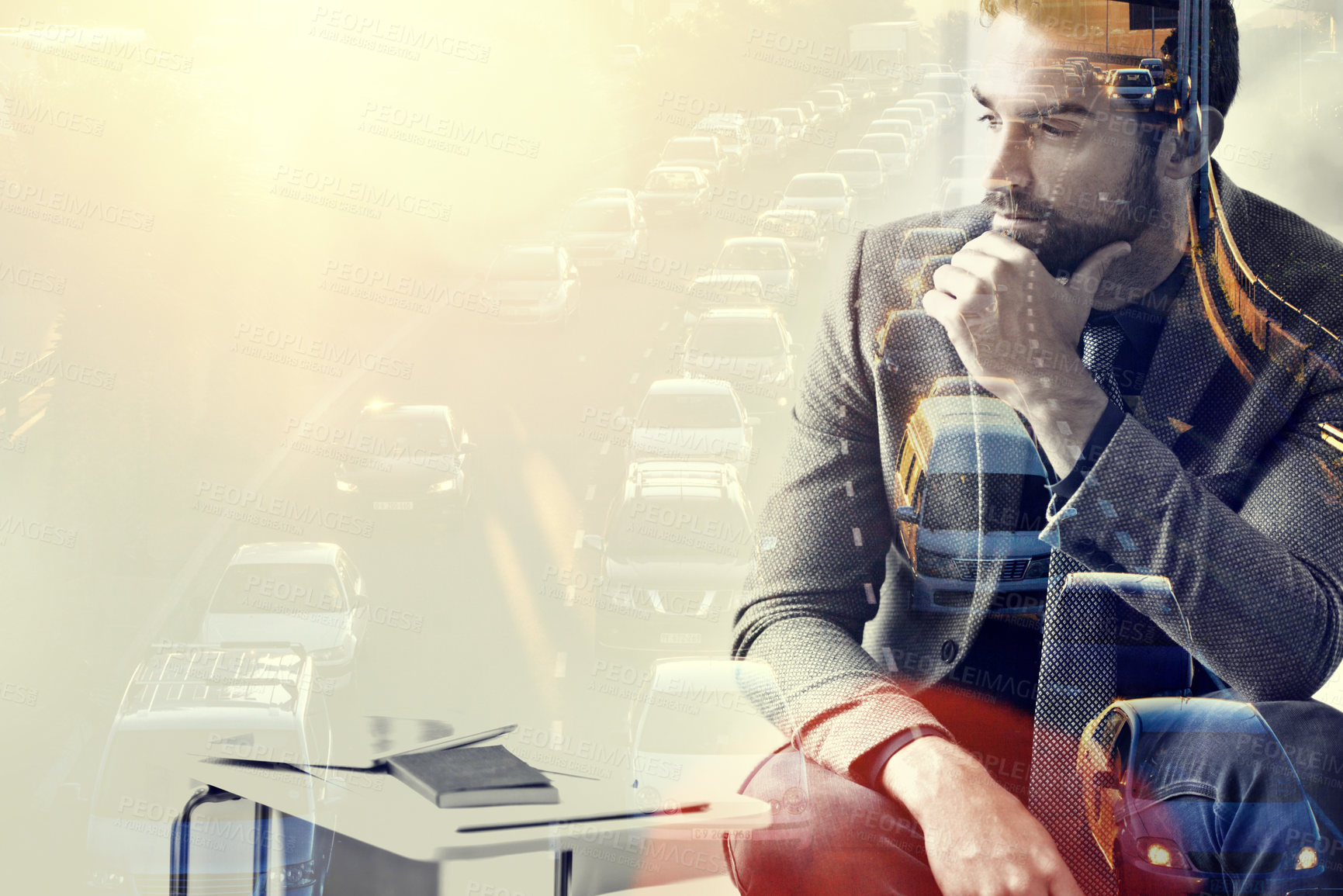 Buy stock photo Double exposure, thinking and businessman by city background and planning on transportation proposal. Young, person and entrepreneur with idea for town commute and technology for traffic reduction