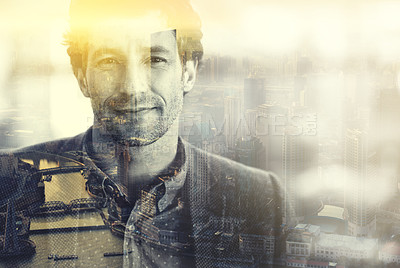 Buy stock photo Multiple exposure portrait of a businessman superimposed over a city