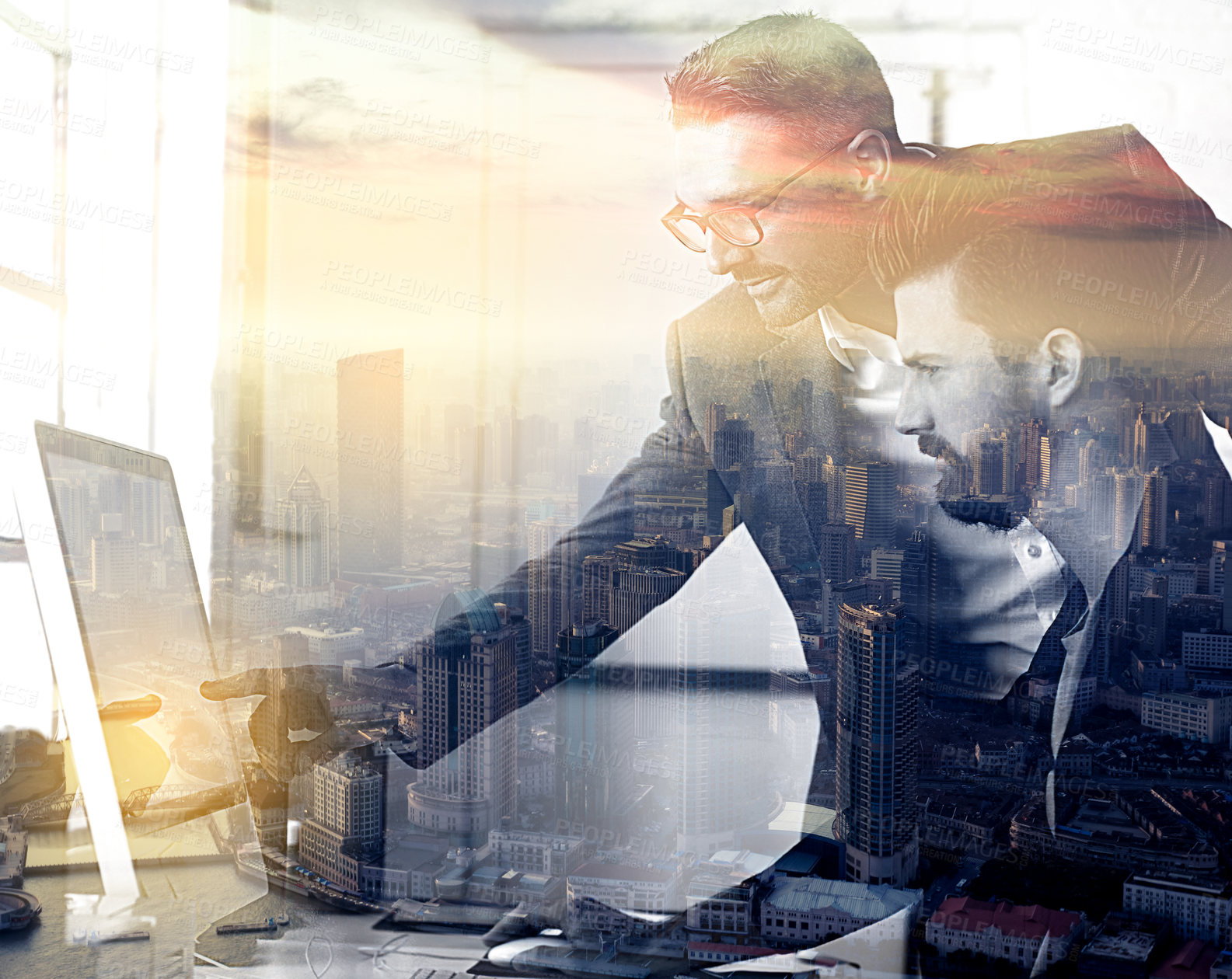 Buy stock photo Multiple exposure shot of two businessmen in the office superimposed against a city