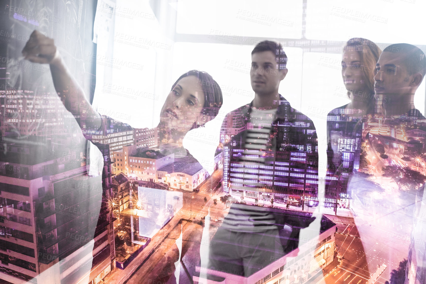 Buy stock photo Multiple exposure shot of a group of businesspeople working on plans superimposed over a city