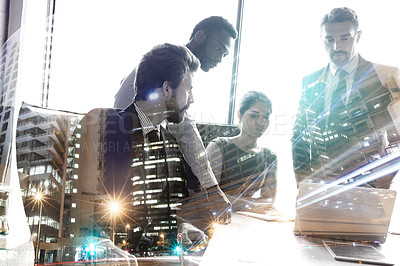 Buy stock photo Multiple exposure shot of colleagues in a meeting superimposed over a city background