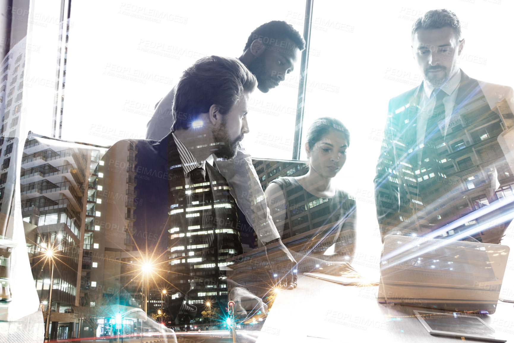 Buy stock photo Multiple exposure shot of colleagues in a meeting superimposed over a city background