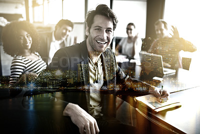 Buy stock photo Multiple exposure portrait of businesspeople in a meeting superimposed over a city