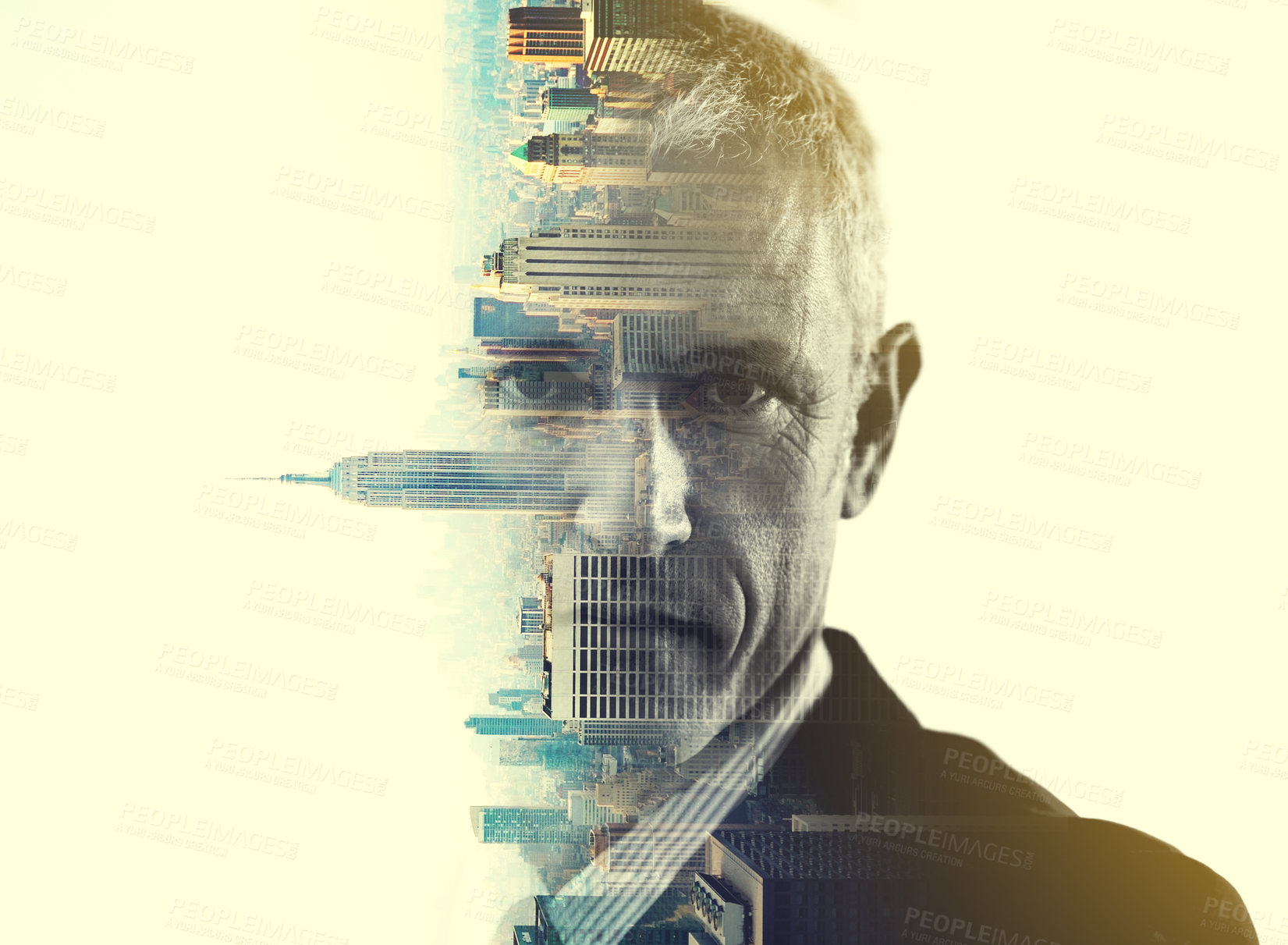 Buy stock photo Senior, portrait and businessman with city overlay for architecture, dream or building design goal. Face, creative or elderly male architect with double exposure for urban, infrastructure or vision