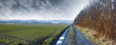 Buy stock photo A dirt road in the wet countryside near a wheat field in early spring, Denmark. Vanishing dirt road with deep rut and water puddles from rain against a cloudy overcast sky. Authentic rural landscape