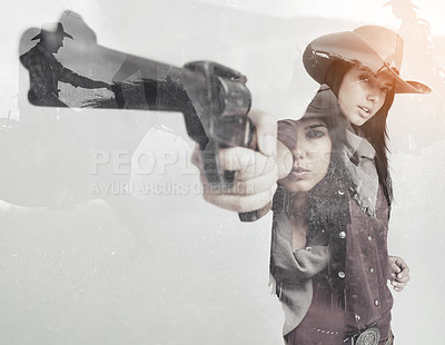 Buy stock photo Western, double exposure and woman cowgirl person, weapon or pistol with horse overlay. Female model people, bandit and serious face with cowboy overlay, Texas outlaw and vintage or retro photography