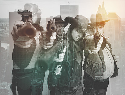 Buy stock photo Bandit, double exposed and group of cowboys, weapons or pistols with barrel aiming. Wild western, city overlay and skyscrapers with gang of Texan criminals, characters and old west theme for concept
