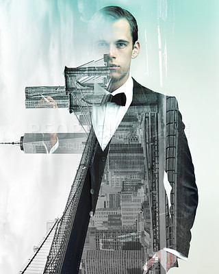 Buy stock photo Man, city and fashion for travel, urban and skyline for skyscraper and building for outdoor or trip. Corporate person or professional with suit for confidence and handsome for trend and vintage