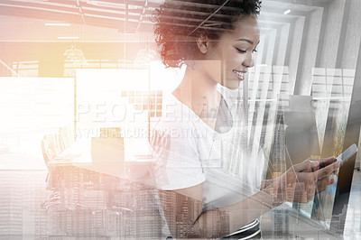 Buy stock photo Double exposure, woman in office and typing with phone in networking, online connection and mockup for business. Smile, overlay and businesswoman with cellphone reading email, agenda or work schedule