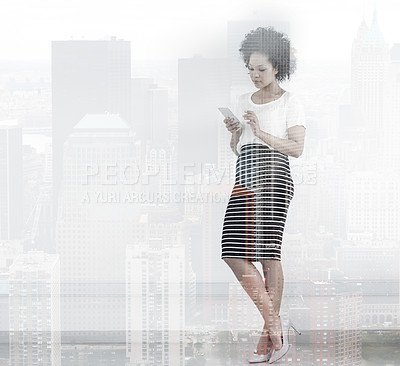 Buy stock photo Businesswoman, double exposure with smartphone for city with planning with digital marketing, confidence and networking. Female person, mobile and town with plan for preparation with pride in office 