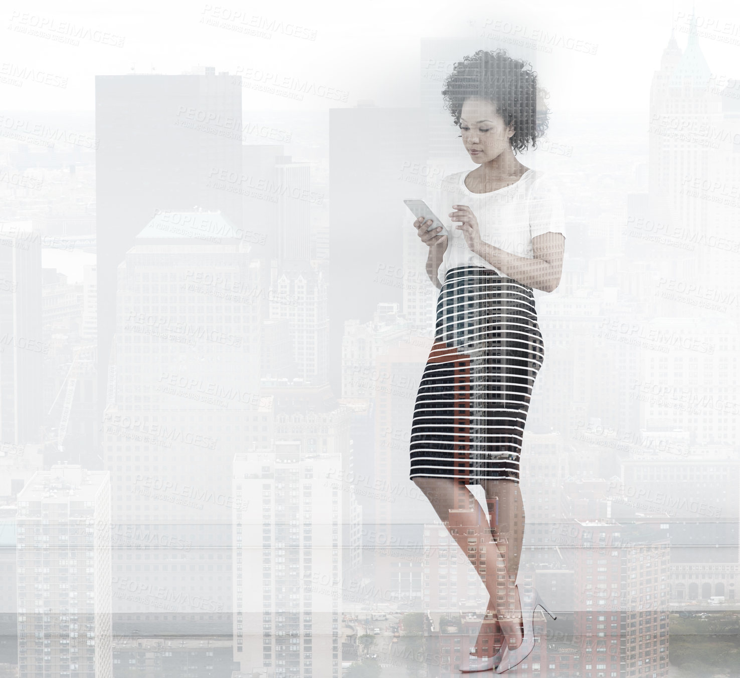 Buy stock photo Businesswoman, double exposure with smartphone for city with planning with digital marketing, confidence and networking. Female person, mobile and town with plan for preparation with pride in office 