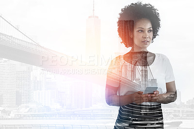 Buy stock photo Multiple exposure shot of a young businesswoman using a smartphone superimposed over a city background