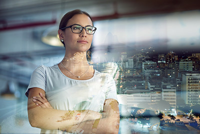 Buy stock photo Business woman, thinking and city overlay with arms crossed for vision, mission or architecture. Entrepreneur person with confidence and focus for development and planning with urban double exposure