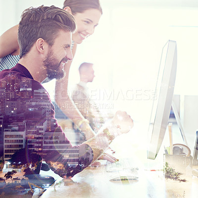 Buy stock photo Multiple exposure shot of coworkers using a computer together superimposed over a city background
