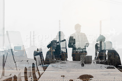 Buy stock photo Multiple exposure shot of colleagues in a meeting superimposed over an industrial background