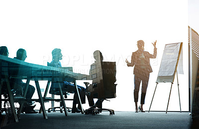 Buy stock photo Multiple exposure shot of colleagues in a presentation superimposed over an urban background