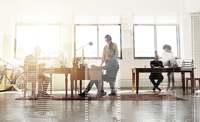 Buy stock photo Multiple exposure shot of colleagues working in a modern office superimposed over a city background