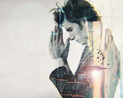 Buy stock photo Praying, double exposure and businessman in a studio with religion, hope or trust for christianity. Mistake, stress and professional male model with prayer for belief with urban city overlay.