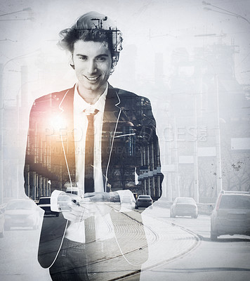 Buy stock photo Smile, city overlay and portrait of businessman in a corporate suit for double exposure. Happy, professional and young male model with formal, classy and elegant outfit or style with town background.