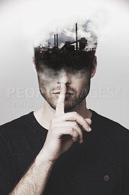 Buy stock photo Man, silent and finger on mouth in double exposure with industry, smoke or factory for climate change. Guy, face and cover lips for quiet on air pollution, environment or global warming in metro city