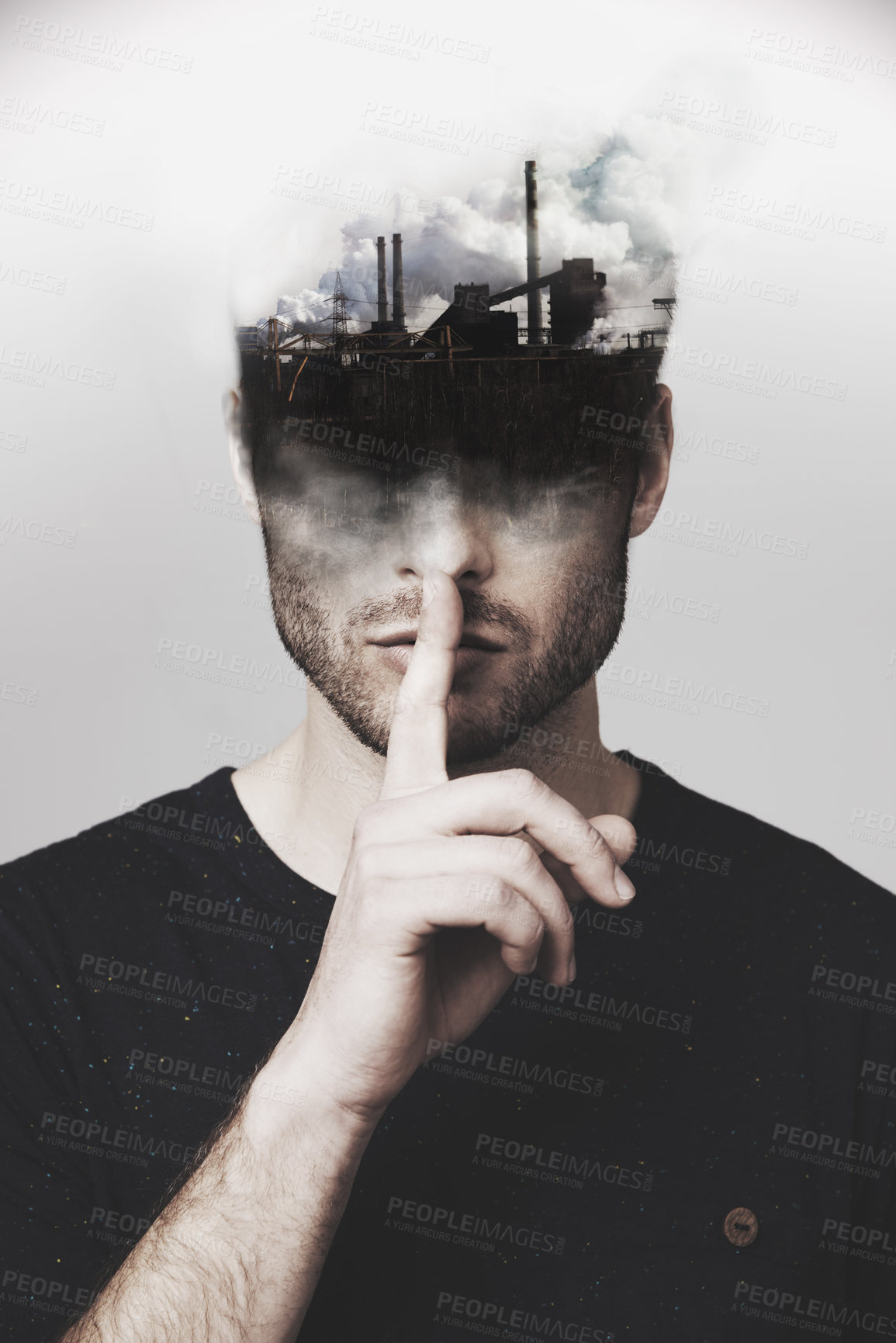 Buy stock photo Man, silent and finger on mouth in double exposure with industry, smoke or factory for climate change. Guy, face and cover lips for quiet on air pollution, environment or global warming in metro city
