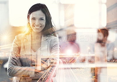 Buy stock photo Portrait, overlay and business with woman, arms crossed and hologram with startup and professional. Double exposure, entrepreneur and consultant with success and smile with corporate or office worker
