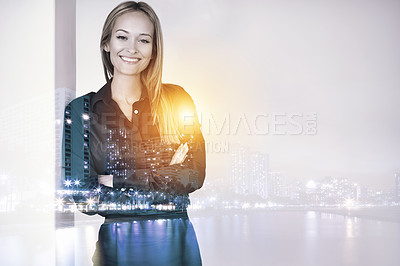 Buy stock photo Double exposure, portrait or businesswoman in city, real estate or property development on mock up. Smile, confident or female architect as professional, corporate or expert in urban planning