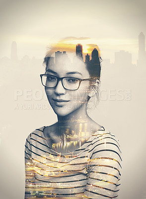 Buy stock photo Portrait, glasses and double exposure of woman in city for fashion, style and urban lights. Face, overlay and confident female person from Canada with trendy clothes, eyewear and casual at sunset.