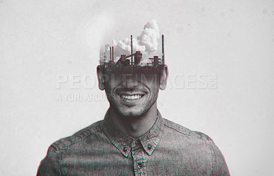 Buy stock photo Overlay, man and factory in studio with thinking for air pollution, climate change and danger to environment. Male person, refinery and monochrome with idea for global warming, crisis and toxins
