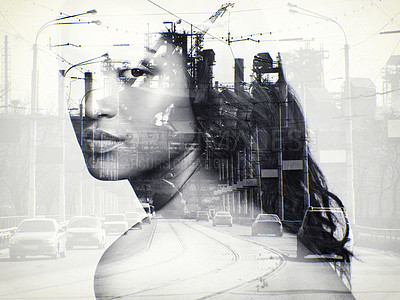 Buy stock photo Portrait, woman and overlay of traffic in city with cars, road or double exposure of urban town. Female person, face or environmentalist with concern for carbon emission, air pollution or toxic fumes