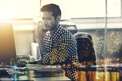 Buy stock photo Multiple exposure shot of a businessman superimposed over a city