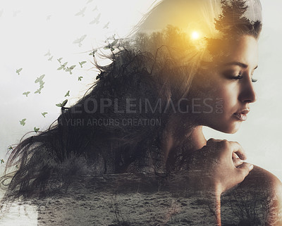 Buy stock photo Multiple exposure shot of a beautiful young woman superimposed over a nature background