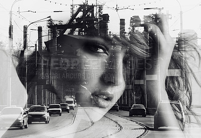Buy stock photo Multiple exposure portrait of a beautiful young woman superimposed over a city
