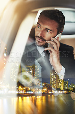Buy stock photo Multiple exposure shot of a businessman in his car superimposed over a city