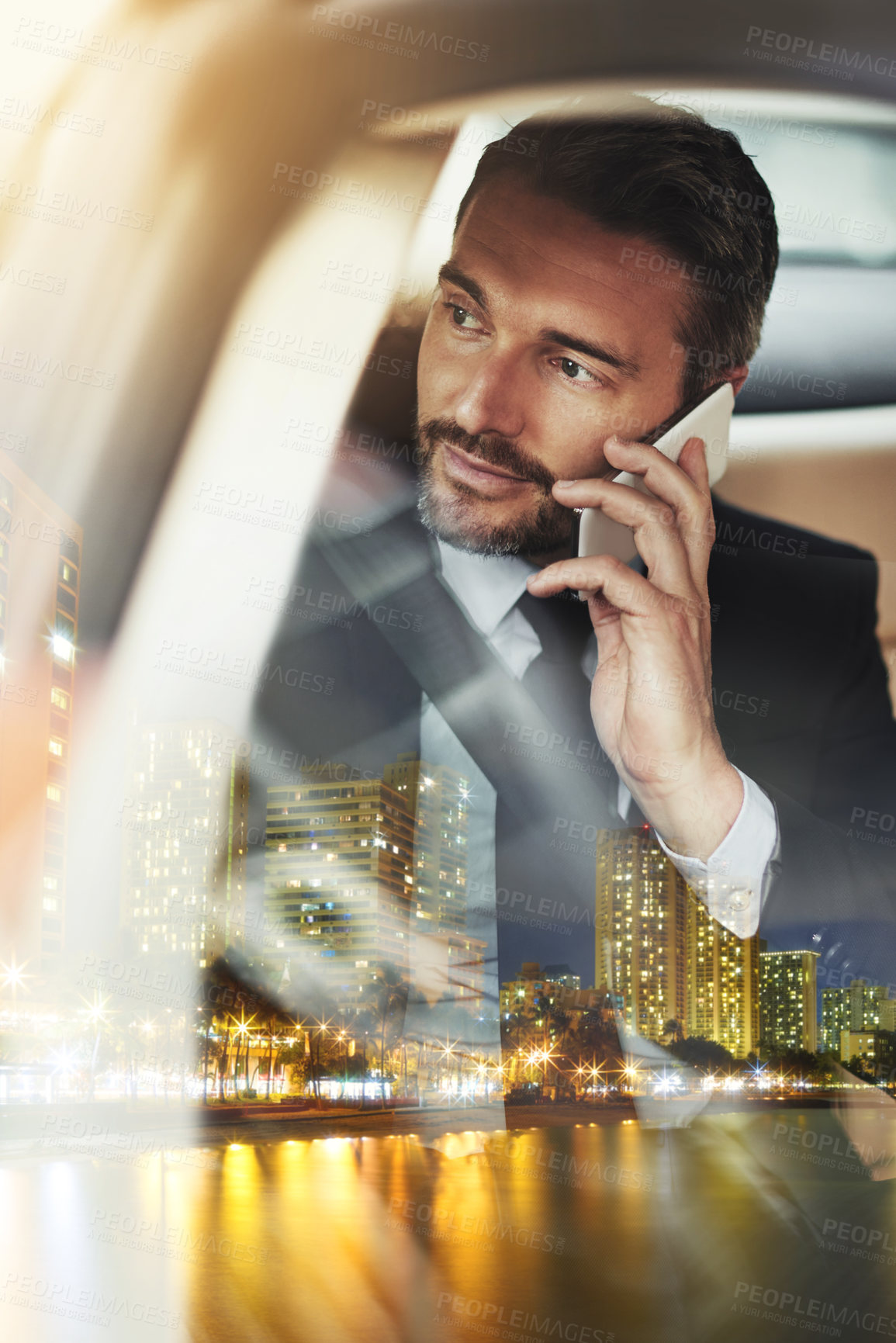 Buy stock photo Multiple exposure shot of a businessman in his car superimposed over a city