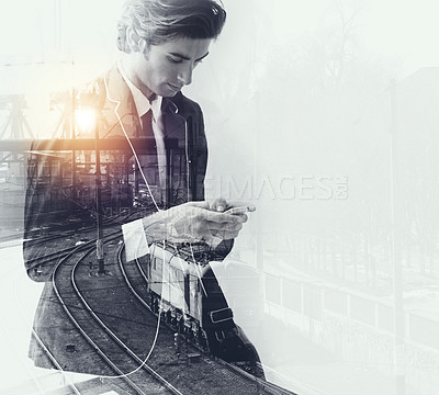 Buy stock photo Phone, networking and businessman with city overlay browsing on social media or mobile app. Technology, double exposure and professional male person scroll on the internet with cellphone for work.