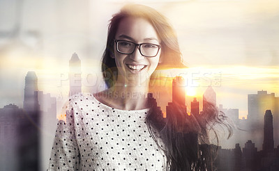 Buy stock photo Multiple exposure portrait of a young woman superimposed over a city