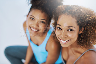 Buy stock photo High angle portrait of two young women after yoga class