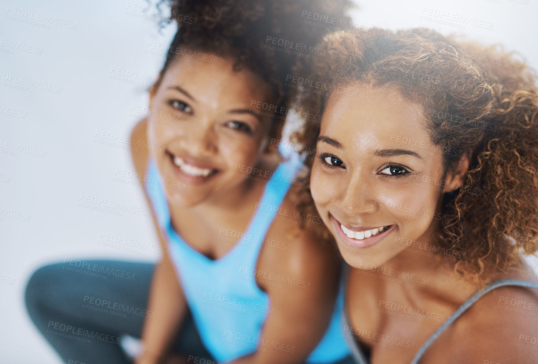 Buy stock photo Portrait, relax and girls on yoga class break for support, wellness or rest for health together. Above of face, proud women or happy people with fun, teamwork or smile in pilates studio for progress