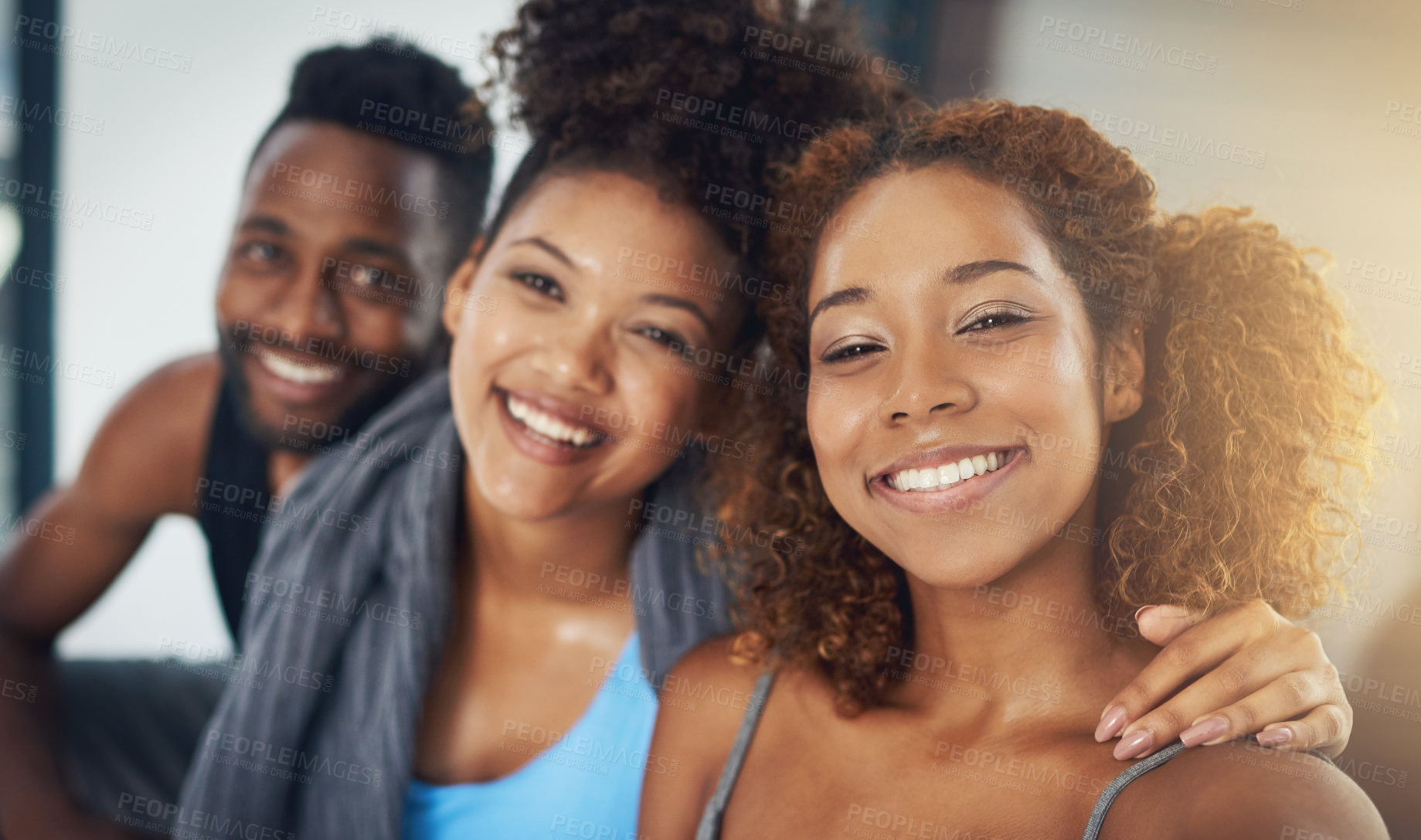 Buy stock photo People, friends and happy with selfie for fitness at at gym with fun for social media and profile picture. Lens flare, portrait and smile or confident with exercises, workout and training for health