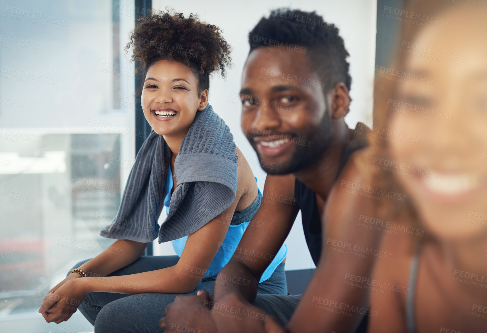 Buy stock photo Woman, smile and friends in gym for fitness, support and motivation for exercise. Female athlete, group or happy in wellness center for healthy body, development or diversity in endurance training