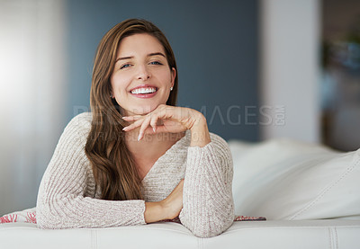 Buy stock photo Portrait, happy and woman relax on couch in home living room on holiday. Face, smile or young female person from Canada on sofa in lounge, apartment or house to enjoy me time, vacation or break alone