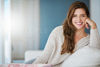 Buy stock photo Portrait, smile and woman relax on sofa in home living room on holiday. Face, happy or young female person from Canada on couch in lounge, apartment or house to enjoy me time, vacation or break alone