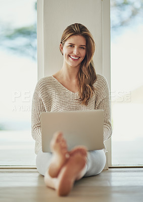 Buy stock photo Smile, laptop and portrait of woman on floor at home, relax and sitting on ground. Computer, happy and person from Norway typing, writing blog for social media or email, internet or web research.
