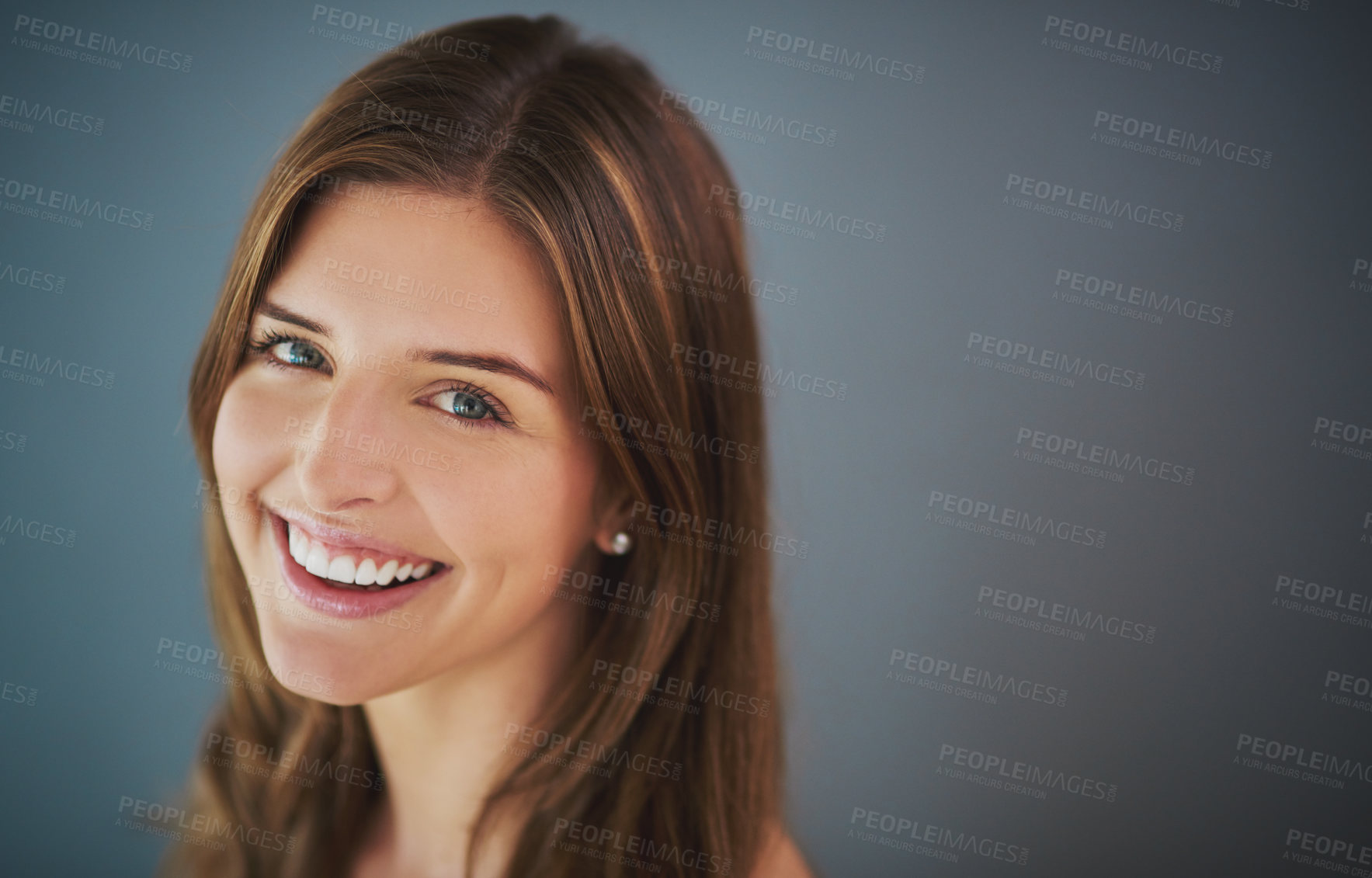 Buy stock photo Mockup space, portrait or happy woman with beauty, skincare or natural glow in studio. Antiaging treatment, smile or confident girl with facial health for cosmetics, shine or pride on gray background