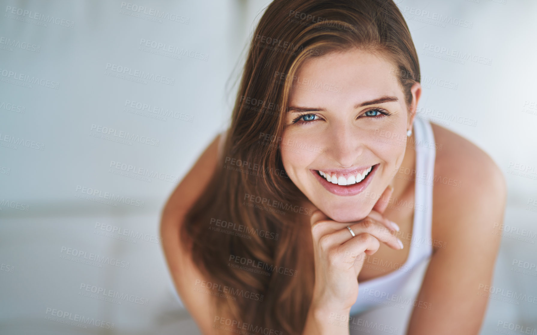 Buy stock photo Relax, smile and portrait of woman on sofa in lounge for calm, happiness and morning. Comfortable, peace and self care with person in living room of home for resting, mental health and wellbeing