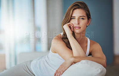 Buy stock photo Relax, portrait and woman with pillow, morning and comfortable in bedroom, wellness and chilling in weekend. House, girl and rest on bed, home and peace for person, calm and lazy on break and awake